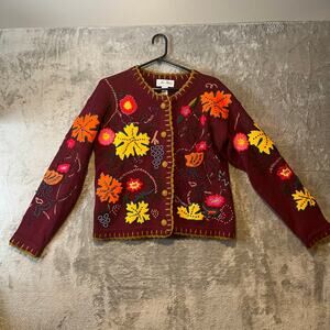 Vintage Colorful Floral Knit Cardigan Embroidered Fall Leaf Sweater Grannycore S